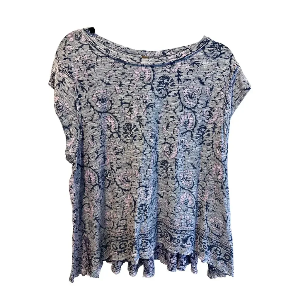 Free People Small S Floral Slub Knit Cap Sleeve Top Purple Grey Boho Raw Hem
